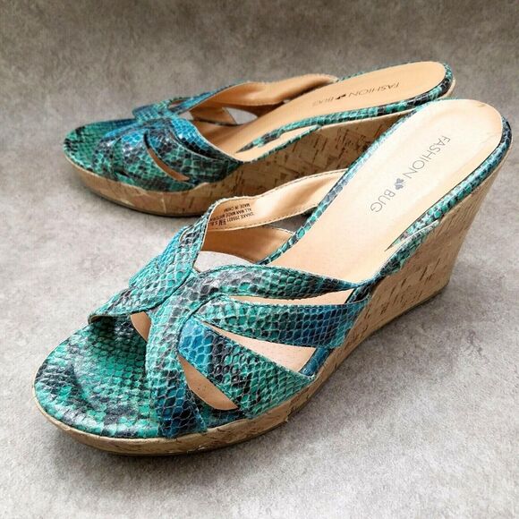 Fashion Bug Womens Snake Sz 9.5 M Blue Open Toe Slide 4" Wedge Sandals - Picture 8 of 12